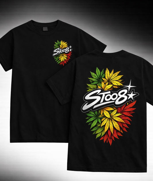 TEE shirt noir feuille jaune rouge et verte